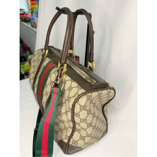 Gucci Beige GG Supreme Canvas Duffel 35 with Brown Trim and Green/Red Web