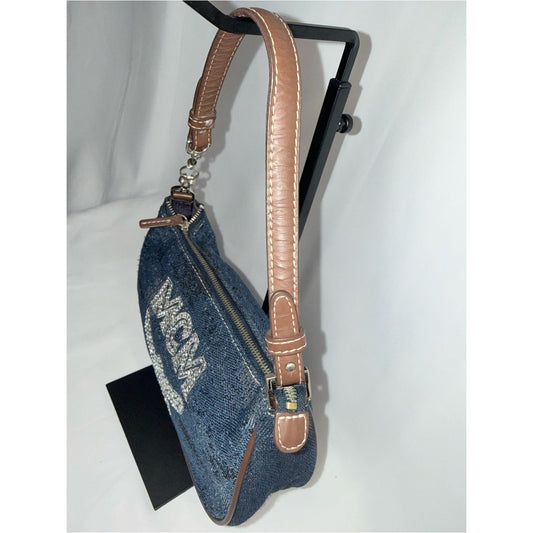 MCM Denim Crystal Logo Mini Shoulder Bag in Blue and Brown