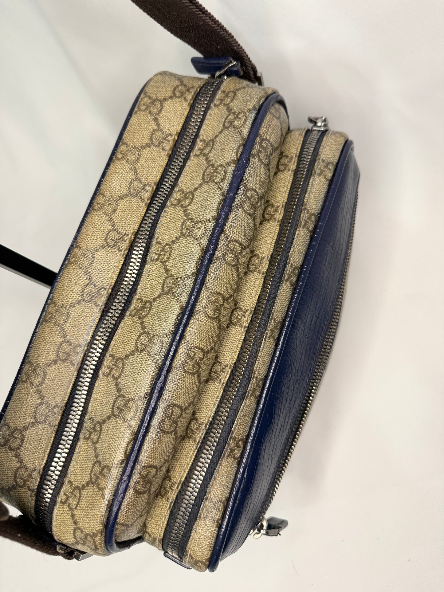 Gucci Beige GG Canvas Messenger Bag with Blue Trim