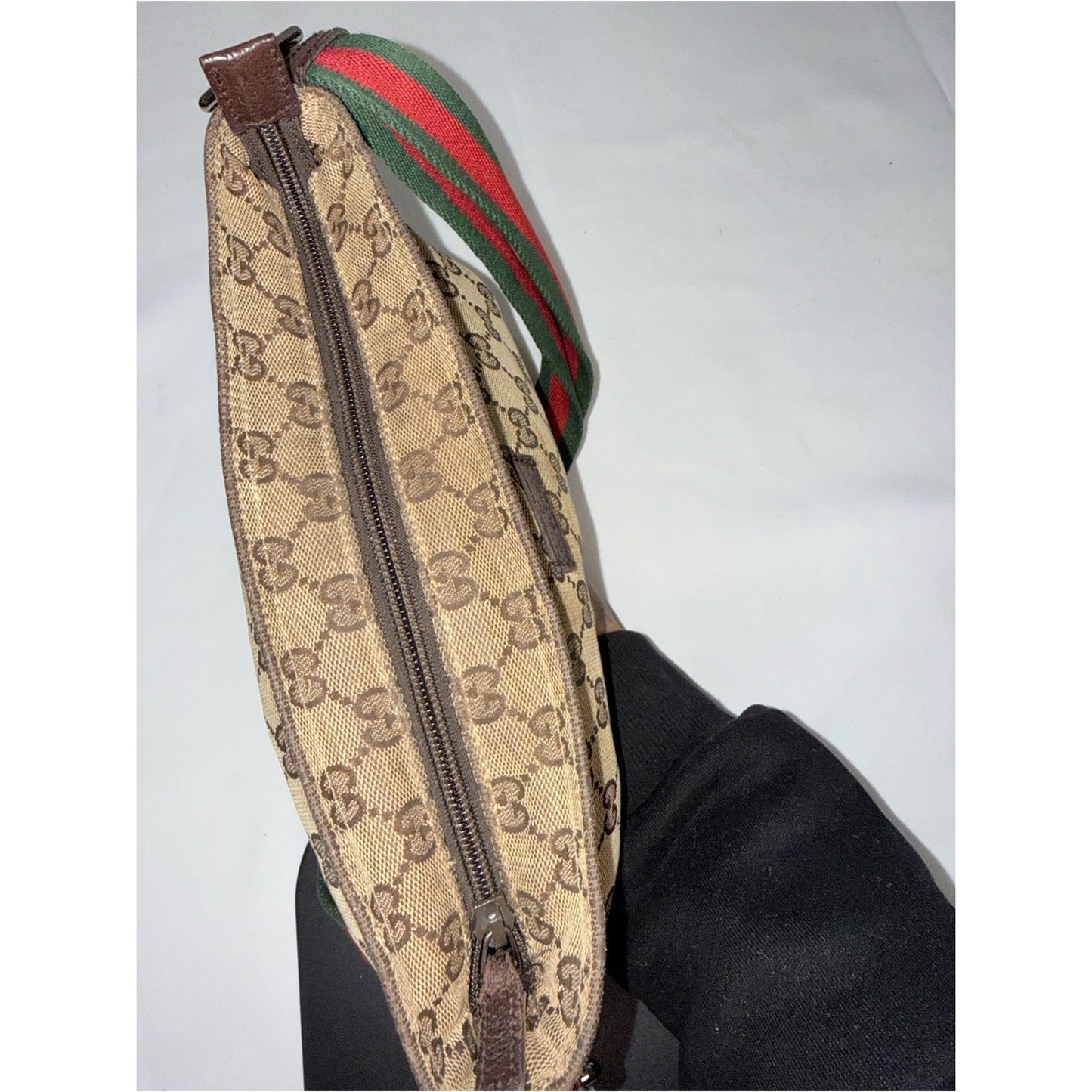 Gucci Beige/Brown Monogram Shoulder Bag with Red & Green Web Strap