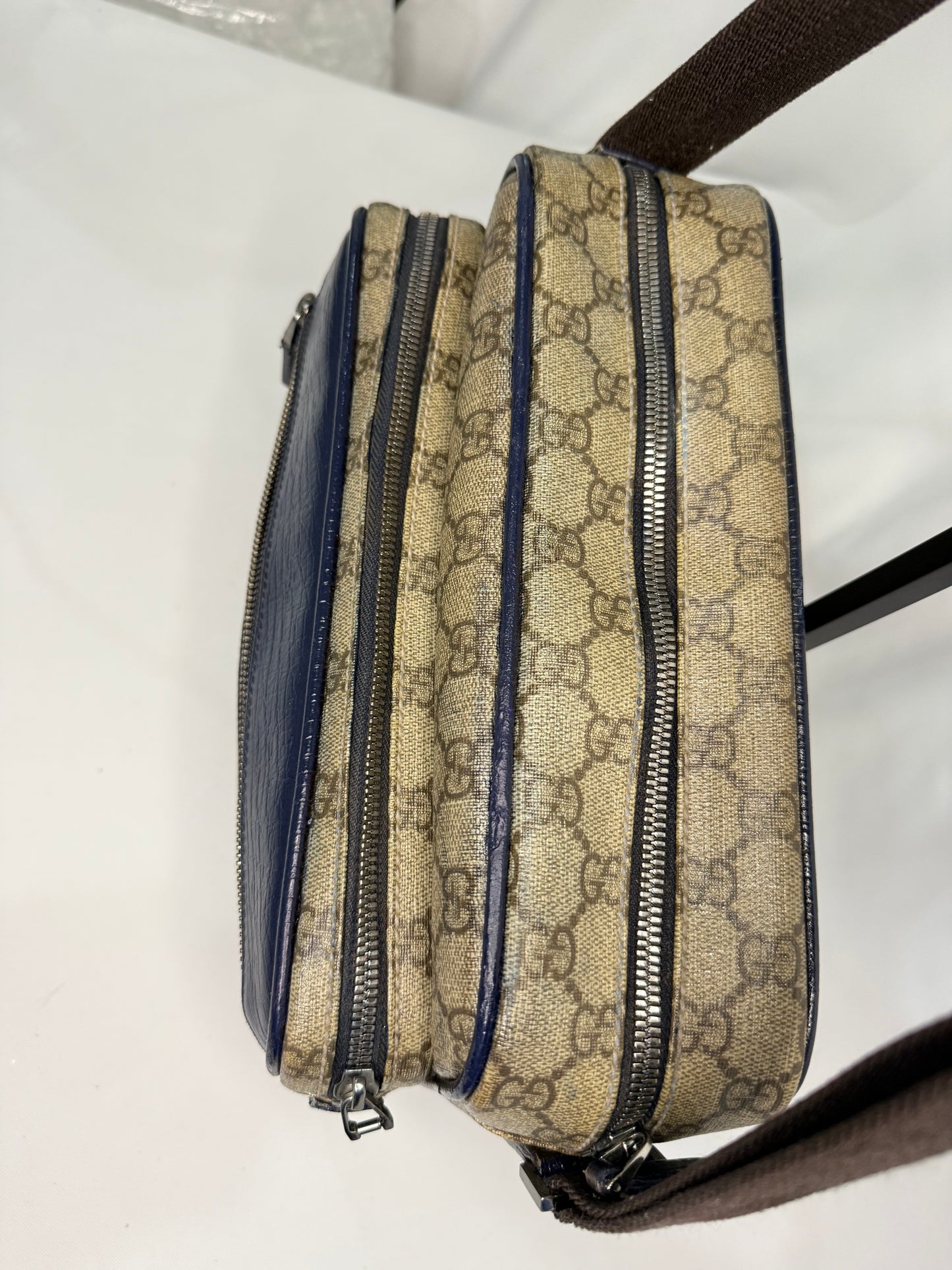 Gucci Beige GG Canvas Messenger Bag with Blue Trim