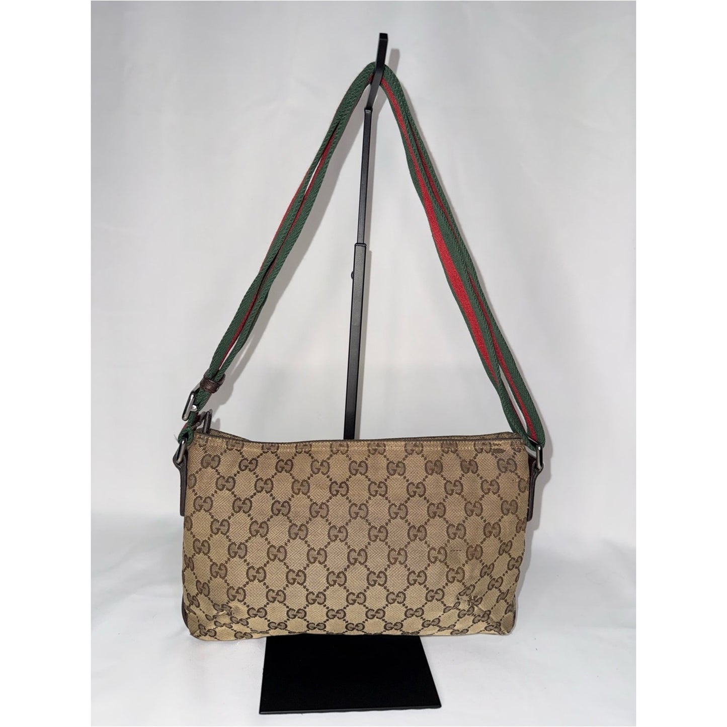 Gucci Beige/Brown Monogram Shoulder Bag with Red & Green Web Strap