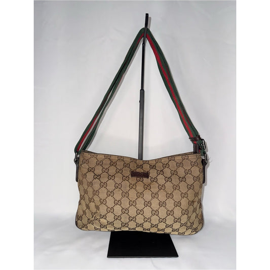 Gucci Beige/Brown Monogram Shoulder Bag with Red & Green Web Strap