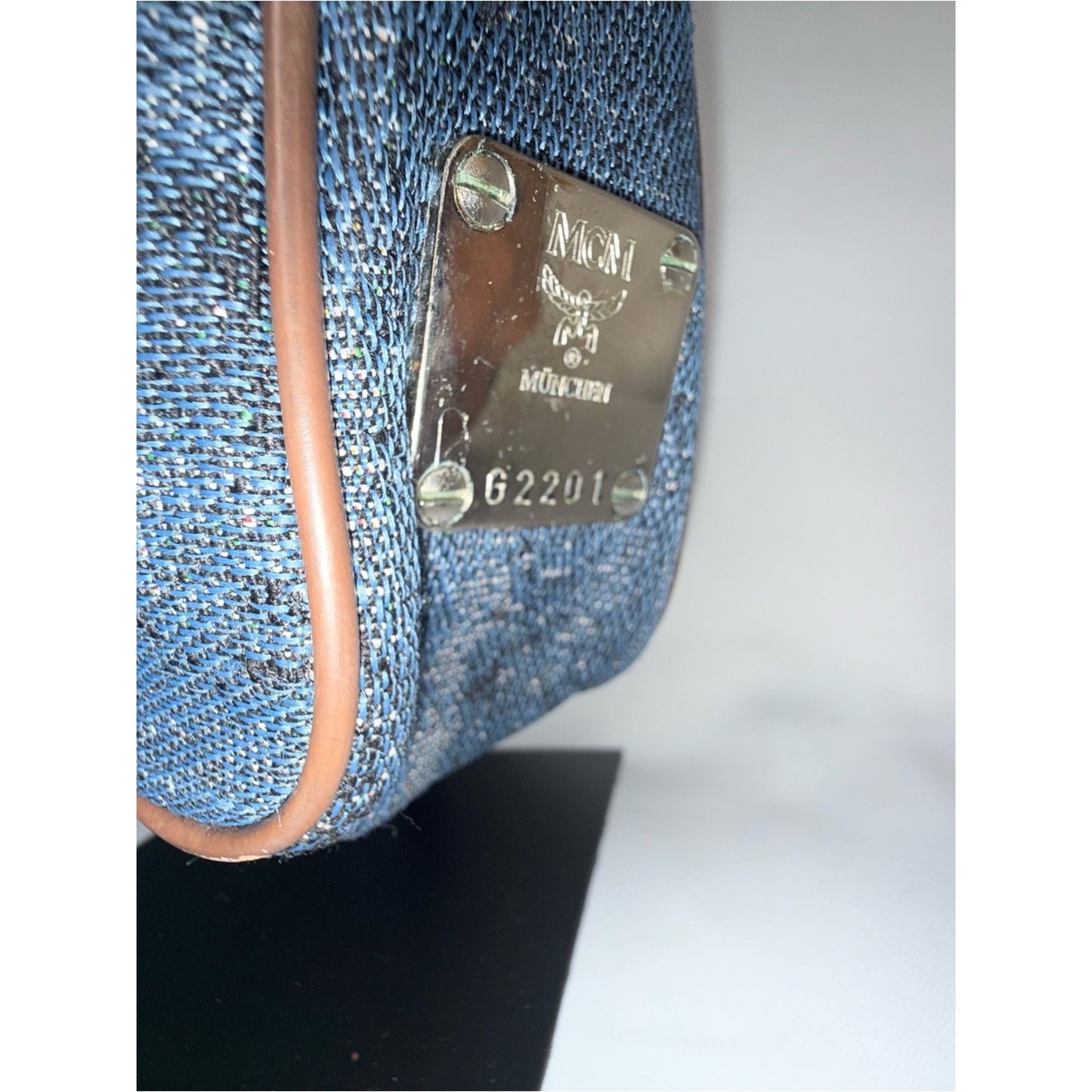 MCM Denim Crystal Logo Mini Shoulder Bag in Blue and Brown
