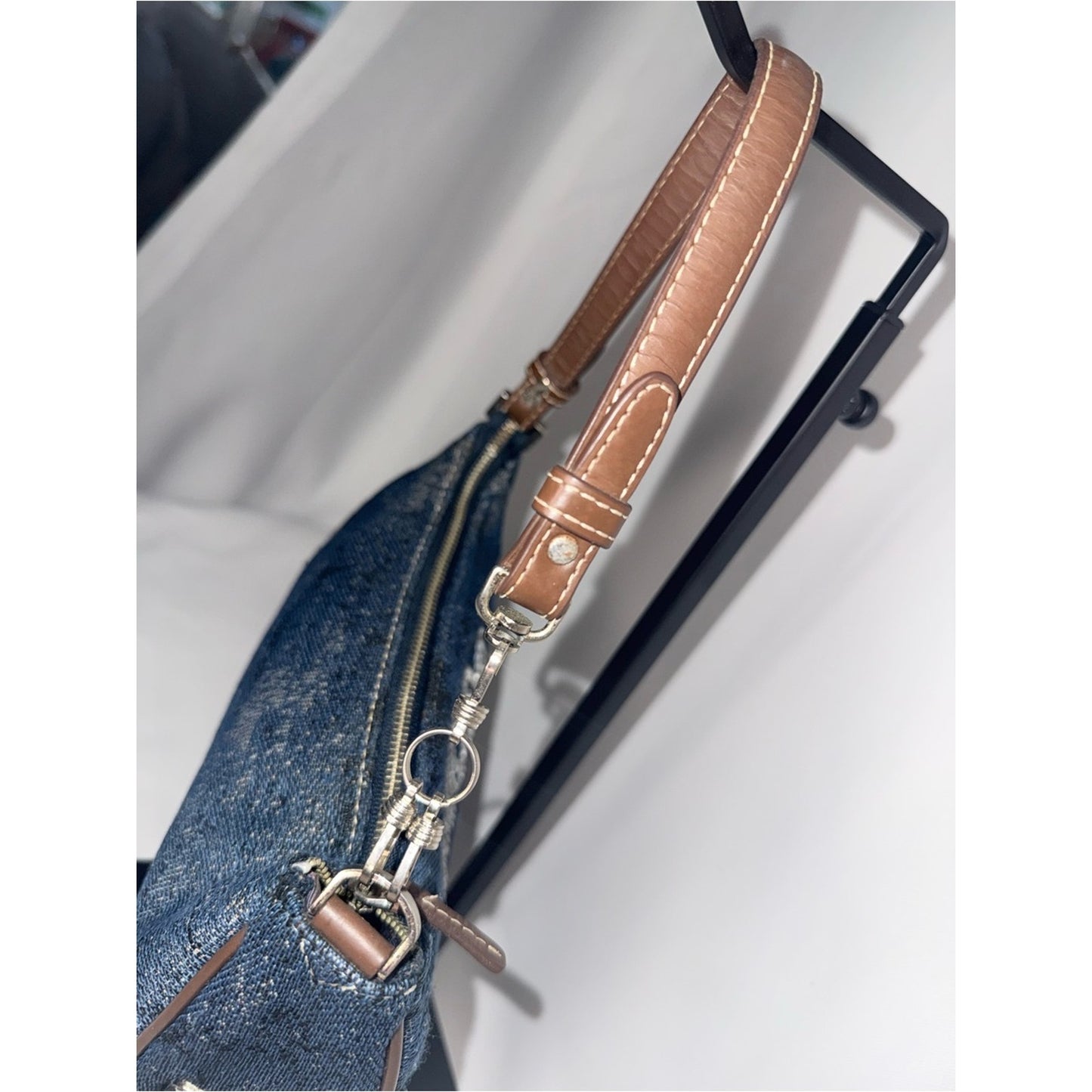 MCM Denim Crystal Logo Mini Shoulder Bag in Blue and Brown