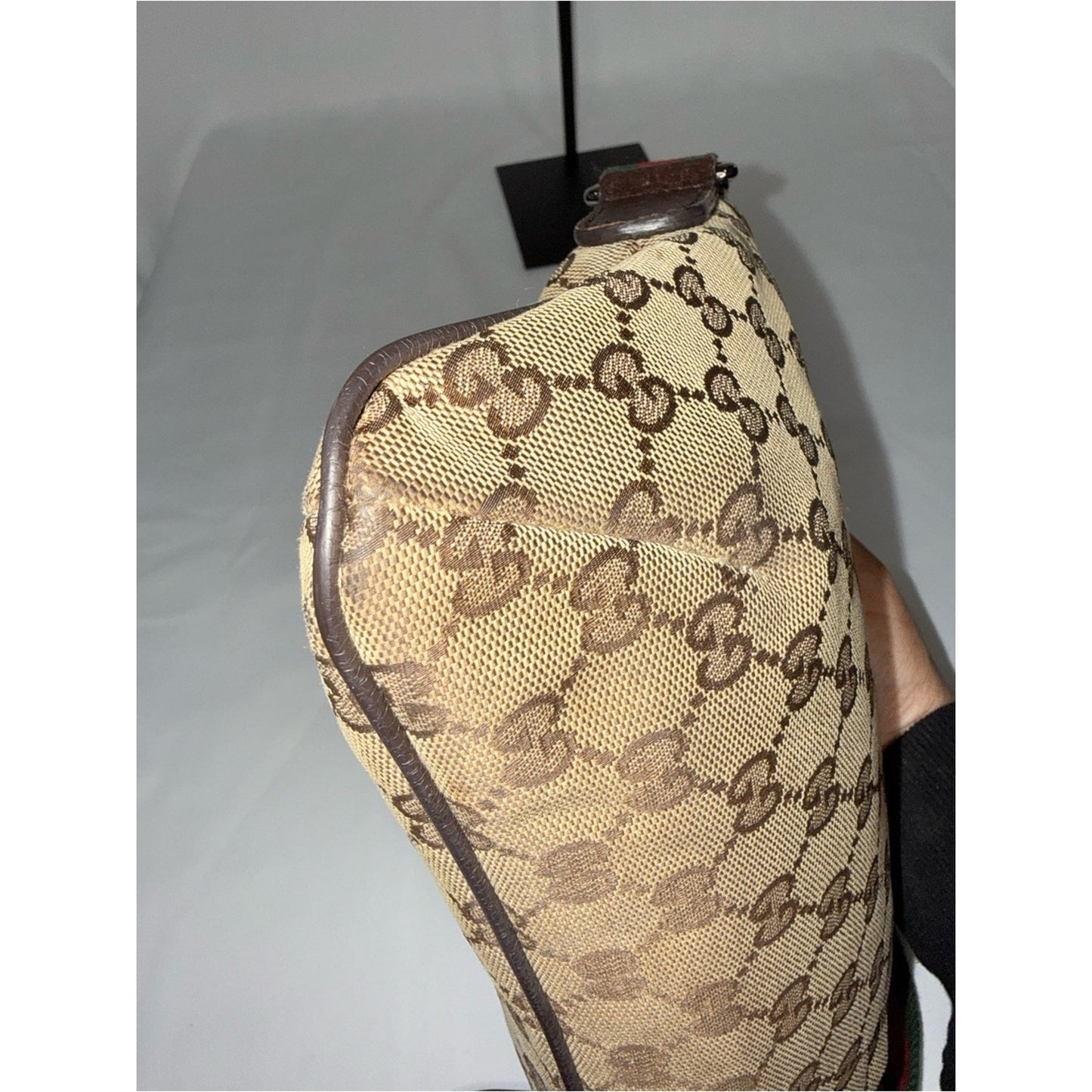 Gucci Beige/Brown Monogram Shoulder Bag with Red & Green Web Strap