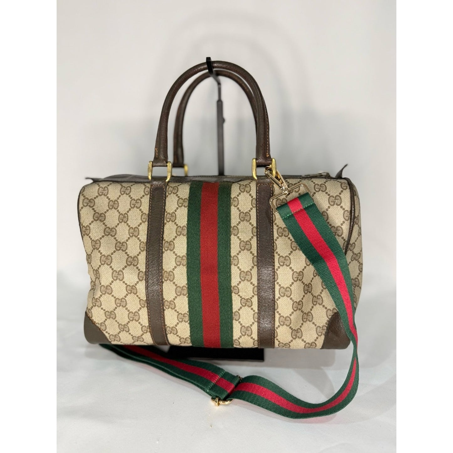 Gucci Beige GG Supreme Canvas Duffel 35 with Brown Trim and Green/Red Web