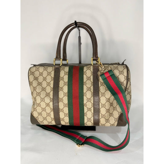 Gucci Beige GG Supreme Canvas Duffel 35 with Brown Trim and Green/Red Web
