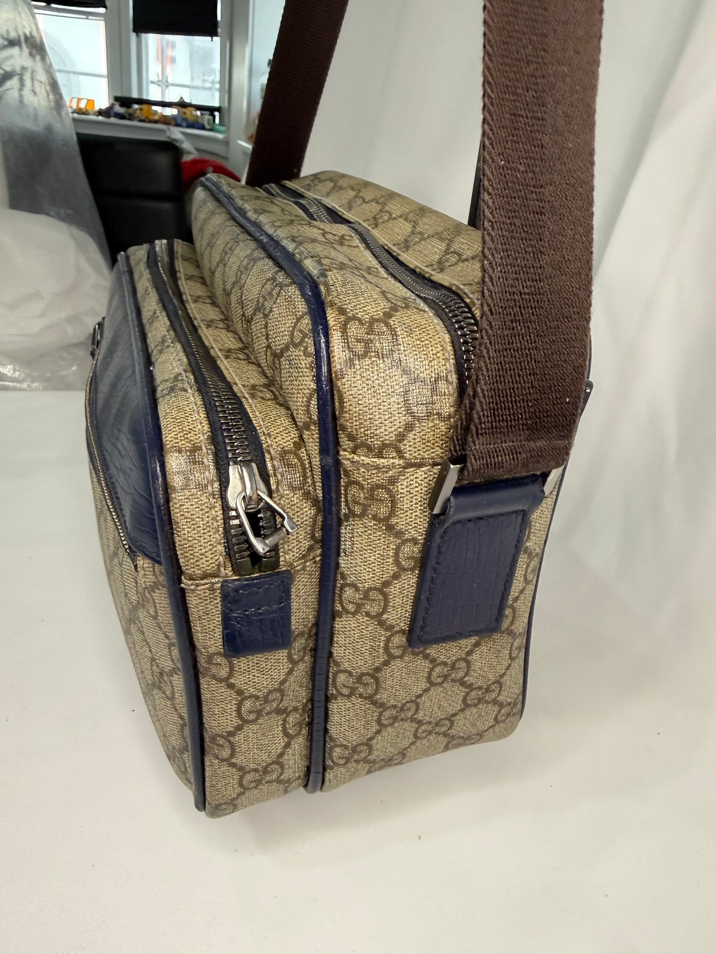 Gucci Beige GG Canvas Messenger Bag with Blue Trim
