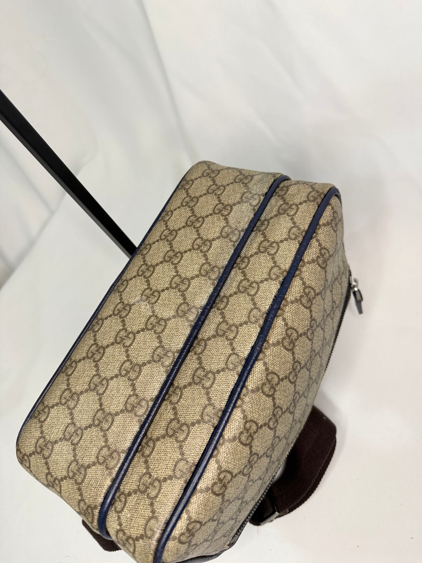 Gucci Beige GG Canvas Messenger Bag with Blue Trim