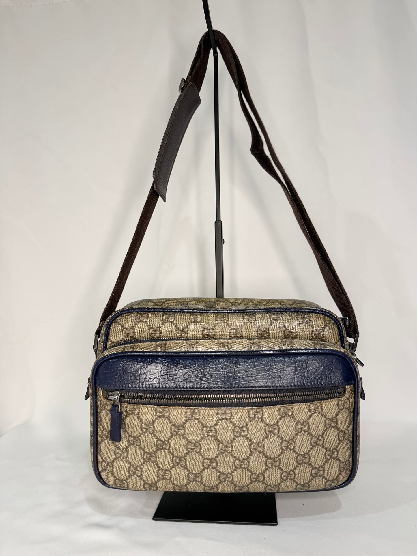 Gucci Beige GG Canvas Messenger Bag with Blue Trim
