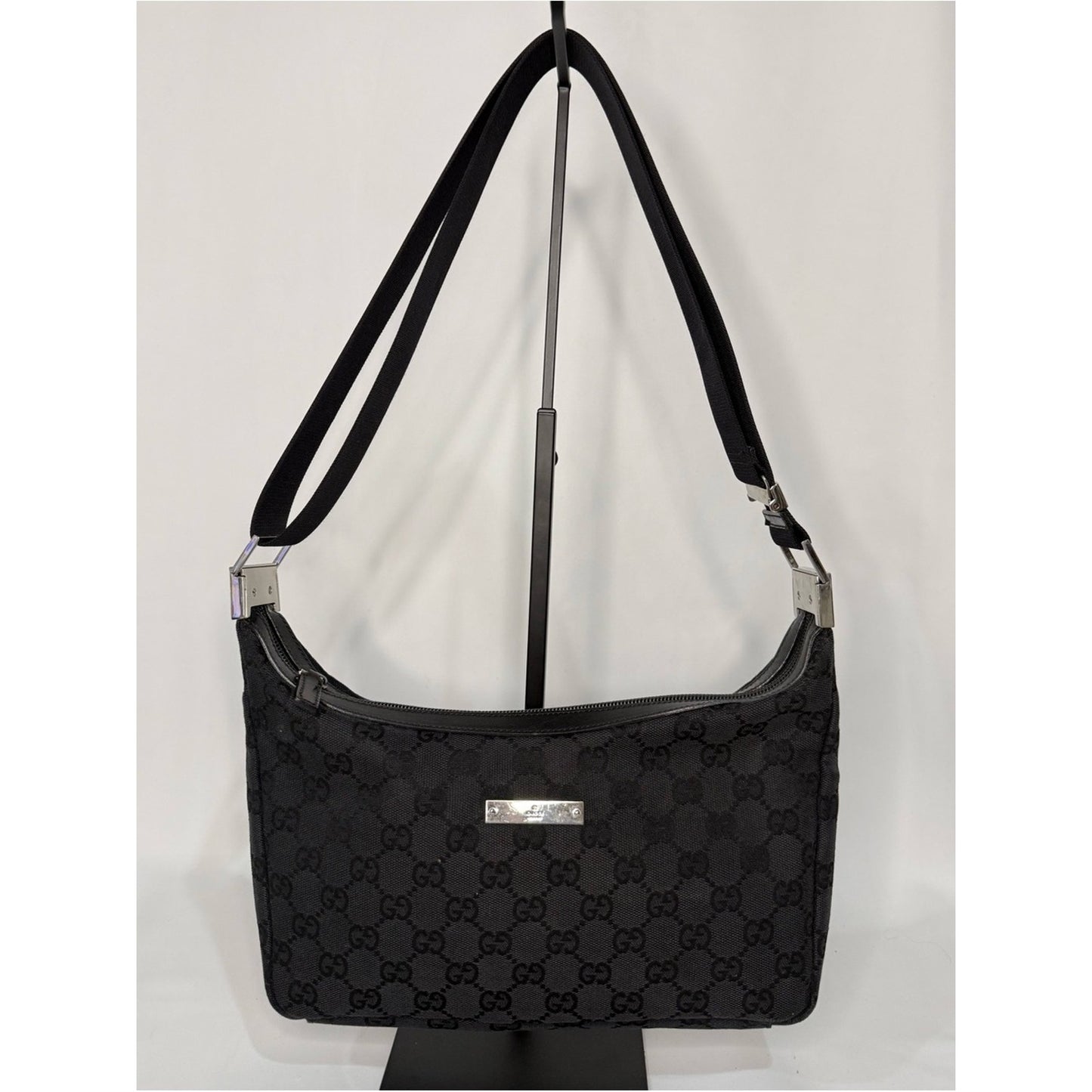 Gucci Black GG Logo Shoulder Bag with Silver Hardware