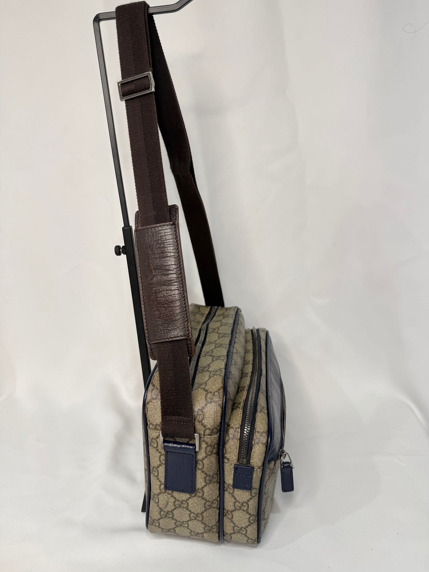 Gucci Beige GG Canvas Messenger Bag with Blue Trim
