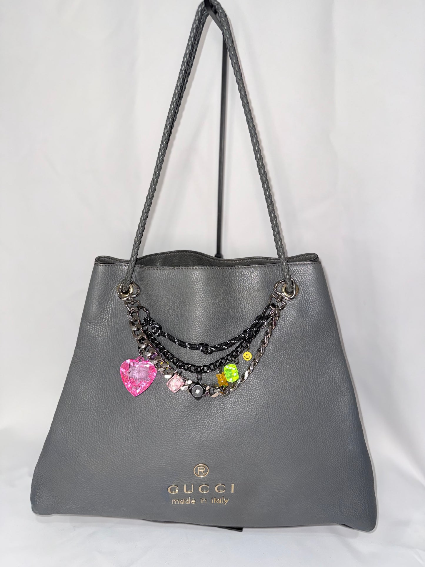 Gucci Gray Pebbled Leather Tote with Braided Shoulder Straps