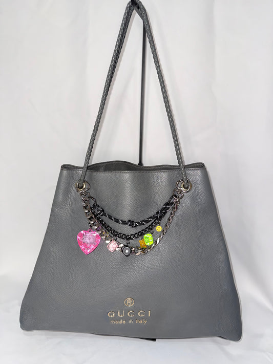 Gucci Gray Pebbled Leather Tote with Braided Shoulder Straps