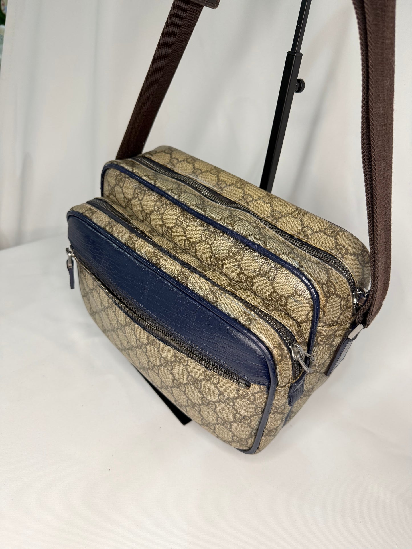 Gucci Beige GG Canvas Messenger Bag with Blue Trim