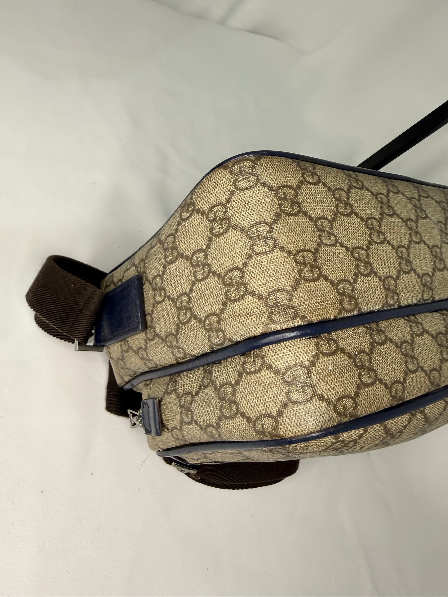 Gucci Beige GG Canvas Messenger Bag with Blue Trim