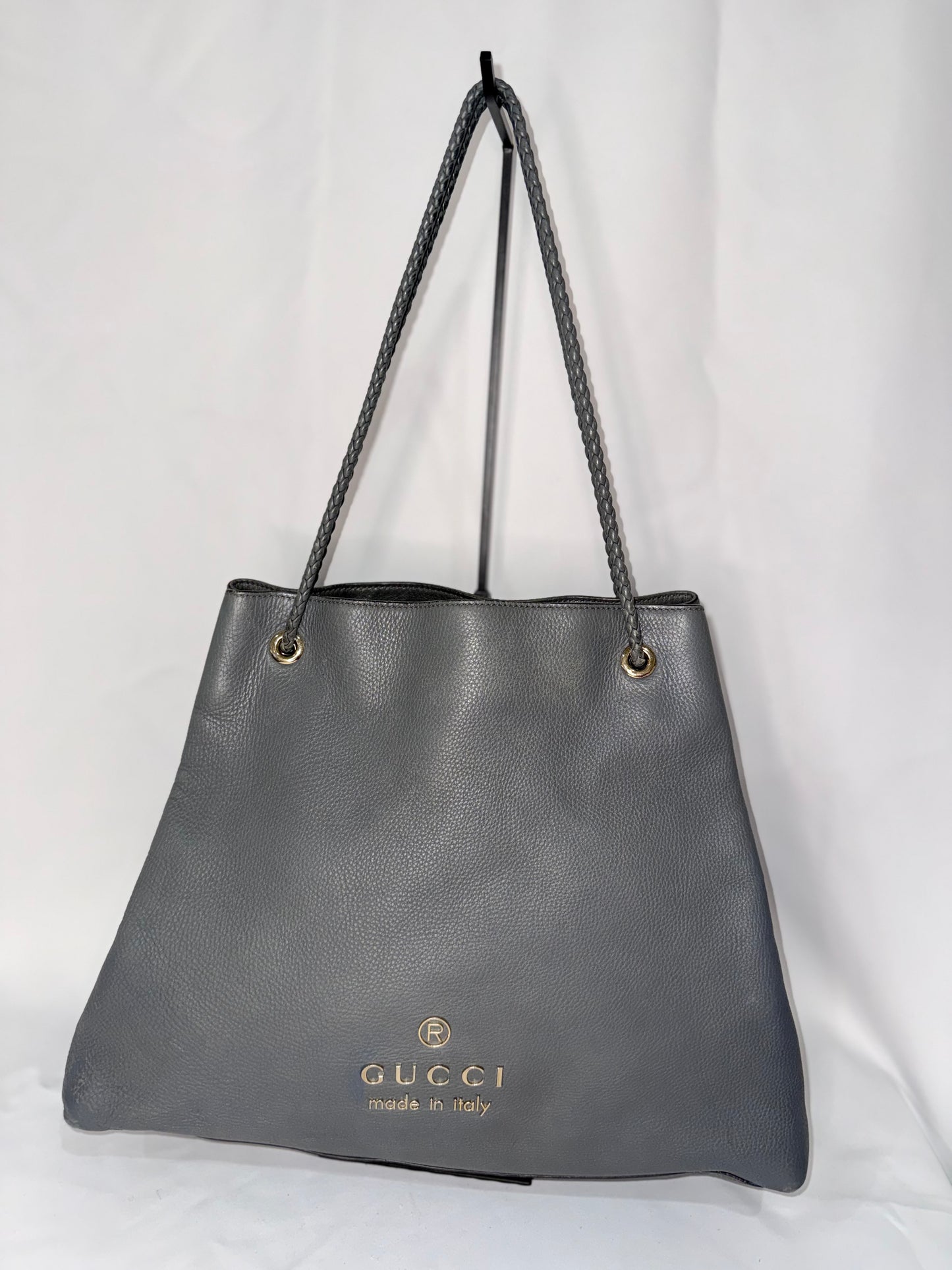 Gucci Gray Pebbled Leather Tote with Braided Shoulder Straps