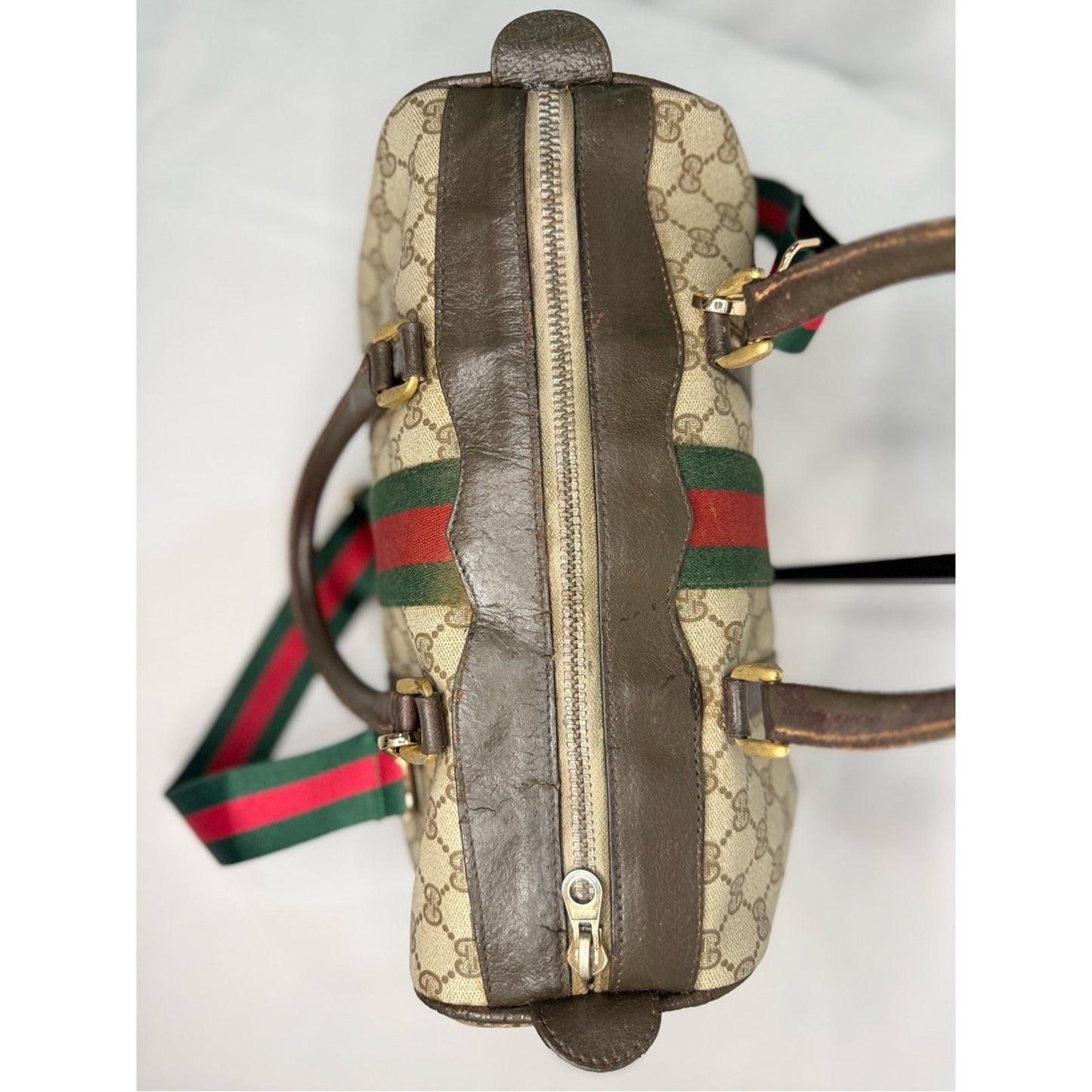 Gucci Beige GG Supreme Canvas Duffel 35 with Brown Trim and Green/Red Web