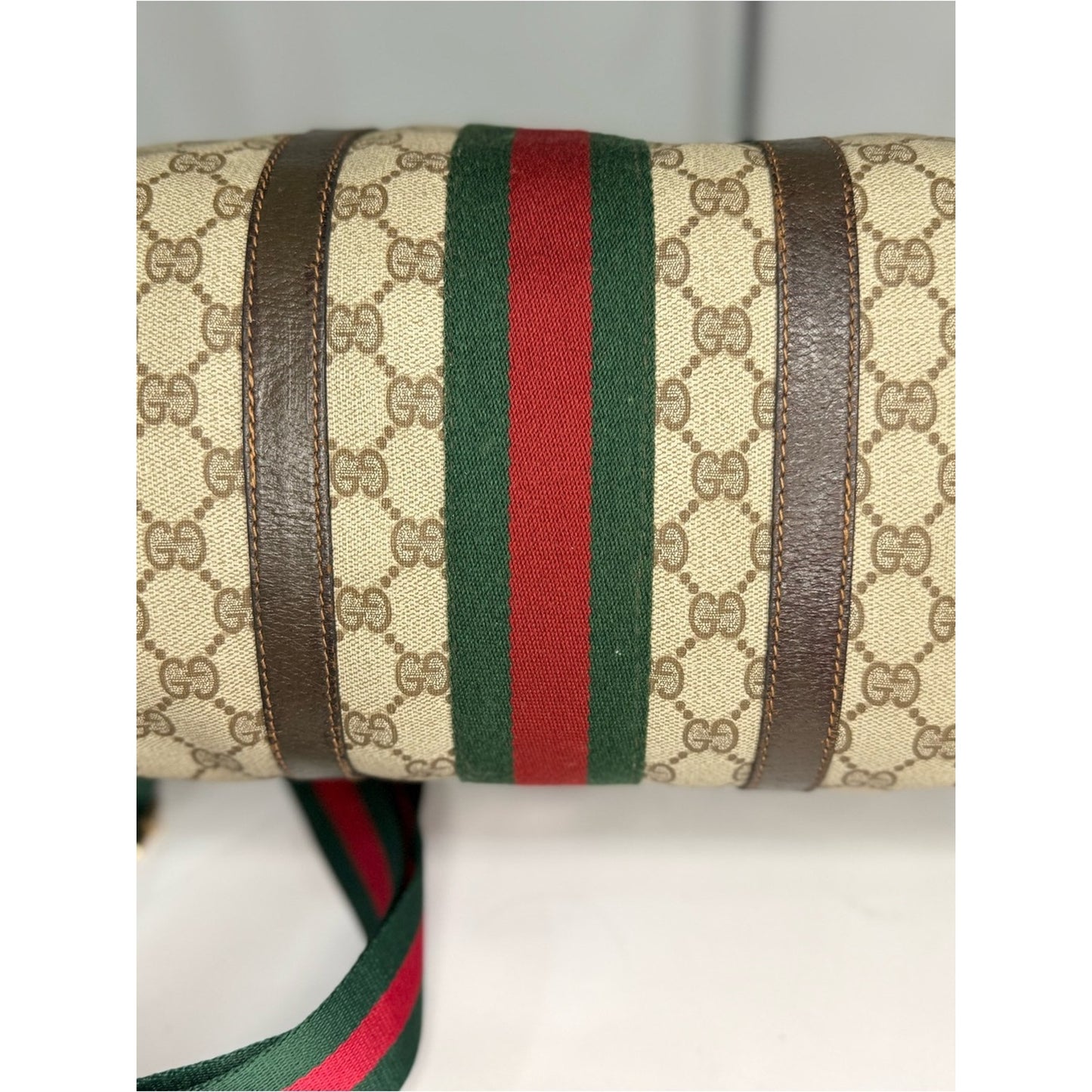 Gucci Beige GG Supreme Canvas Duffel 35 with Brown Trim and Green/Red Web