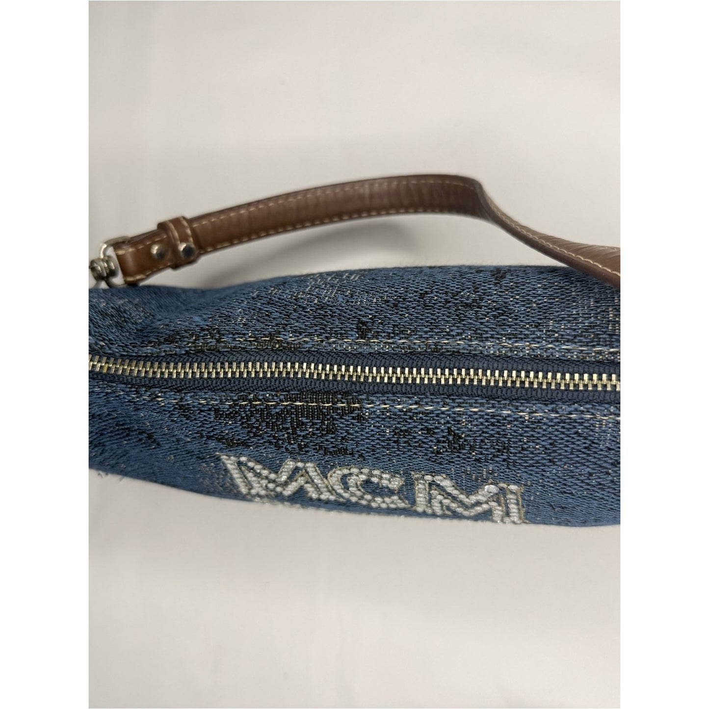 MCM Denim Crystal Logo Mini Shoulder Bag in Blue and Brown