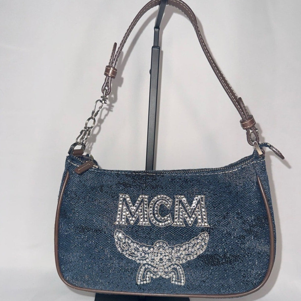 MCM Denim Crystal Logo Mini Shoulder Bag in Blue and Brown