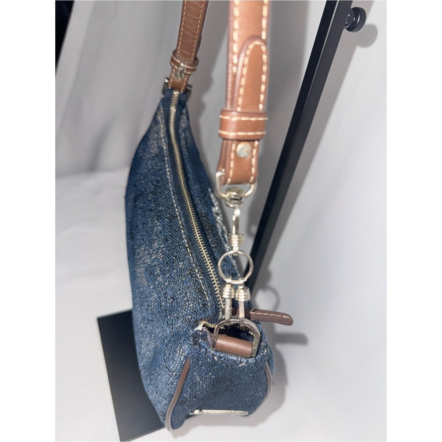 MCM Denim Crystal Logo Mini Shoulder Bag in Blue and Brown