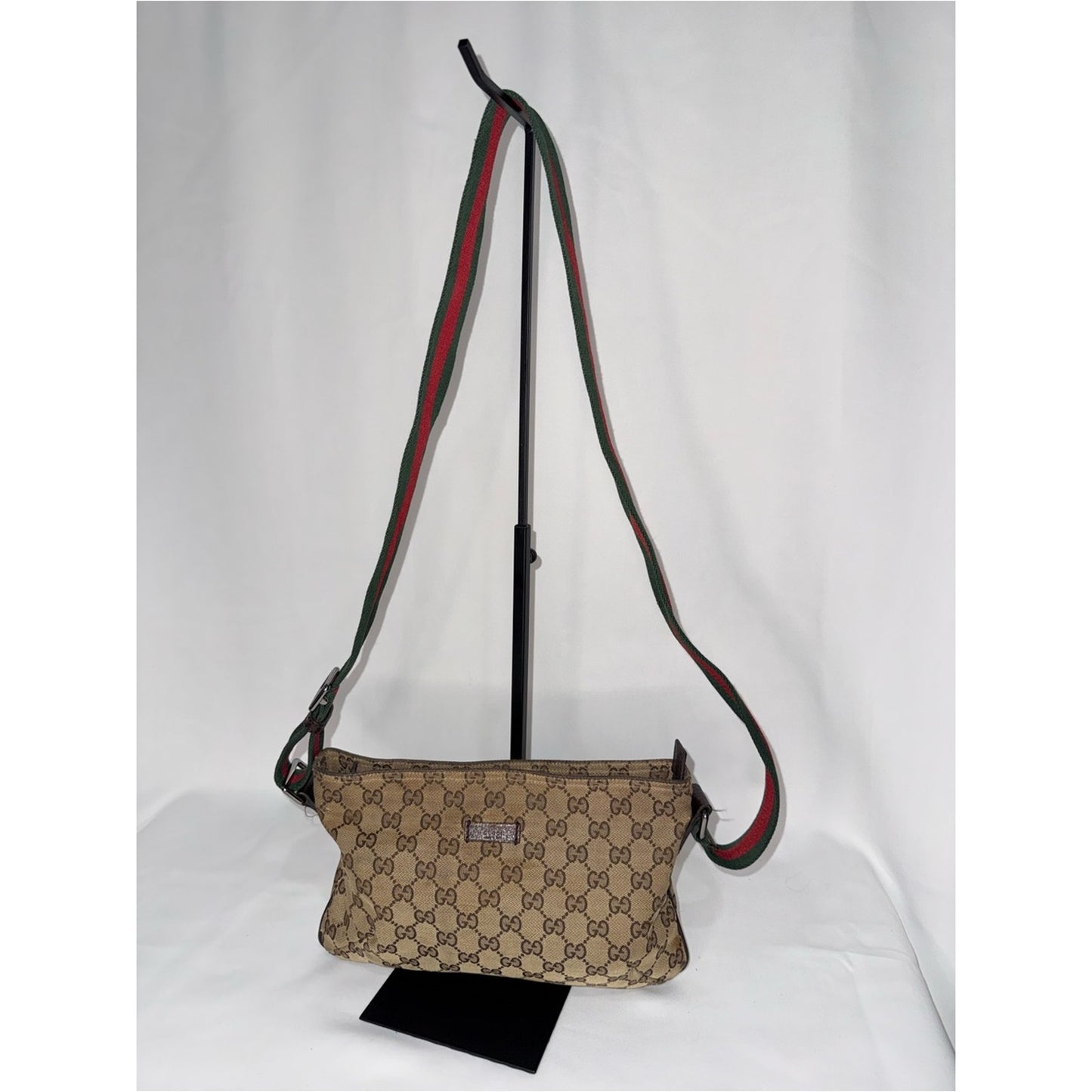 Gucci Beige/Brown Monogram Shoulder Bag with Red & Green Web Strap