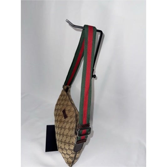 Gucci Beige/Brown Monogram Shoulder Bag with Red & Green Web Strap
