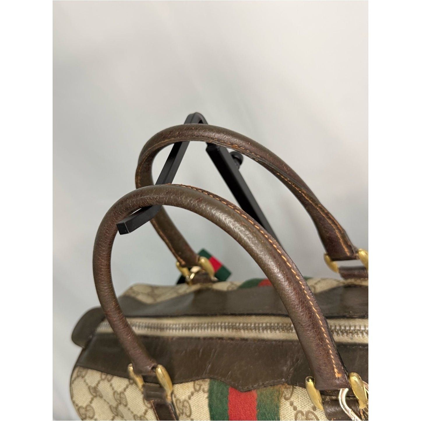 Gucci Beige GG Supreme Canvas Duffel 35 with Brown Trim and Green/Red Web